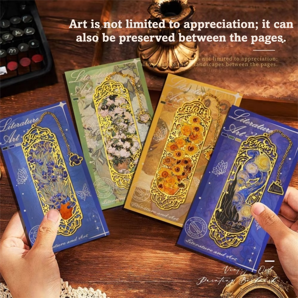 Vintage Hollow Out Design Metal Bookmarks Classical Style Tassels Decoration Hollow Stamping Bookmark Metal Material Van Gogh Oil Painting Bookmarks for School Use