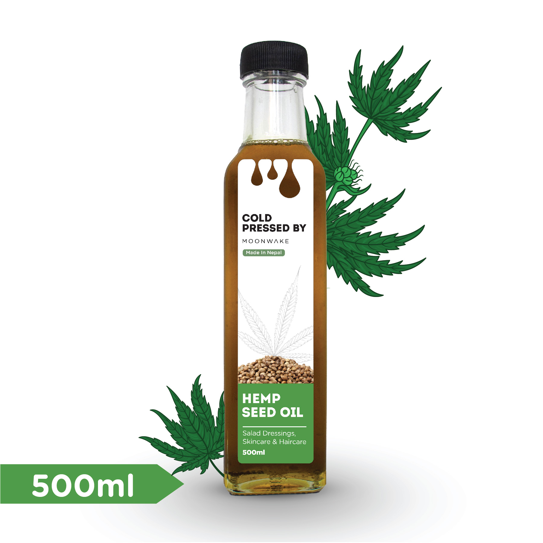 Moonwake Hemp Seed Oil - Bhang ko Tel - Cold Pressed, Pure, Natural, Unadulterated - 500ml