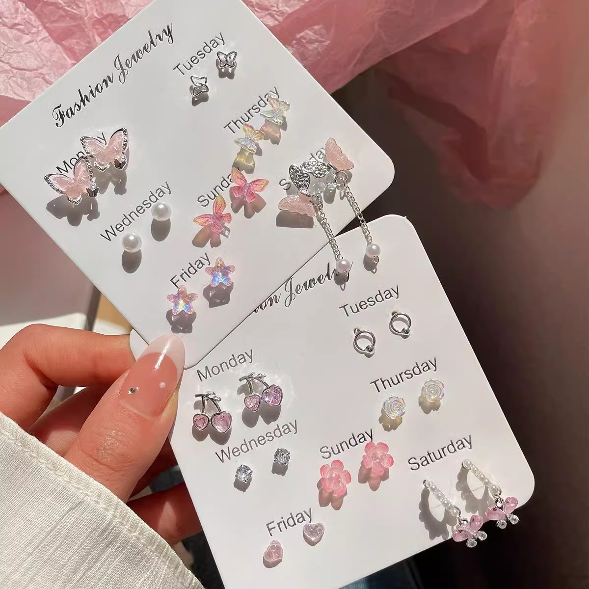 arrivals】Spring and Pink Sweet Style Butterfly suit Earrings Women's Niche Design Elegant Earrings Versatile Fashion Earrings