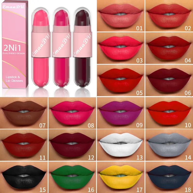 New 18 Colors 2 in 1 Matte Lipstick Liquid Purple Lip Glaze Double Head Lip Makeup Lasting Waterproof Velvet Dark Red Lipsticks