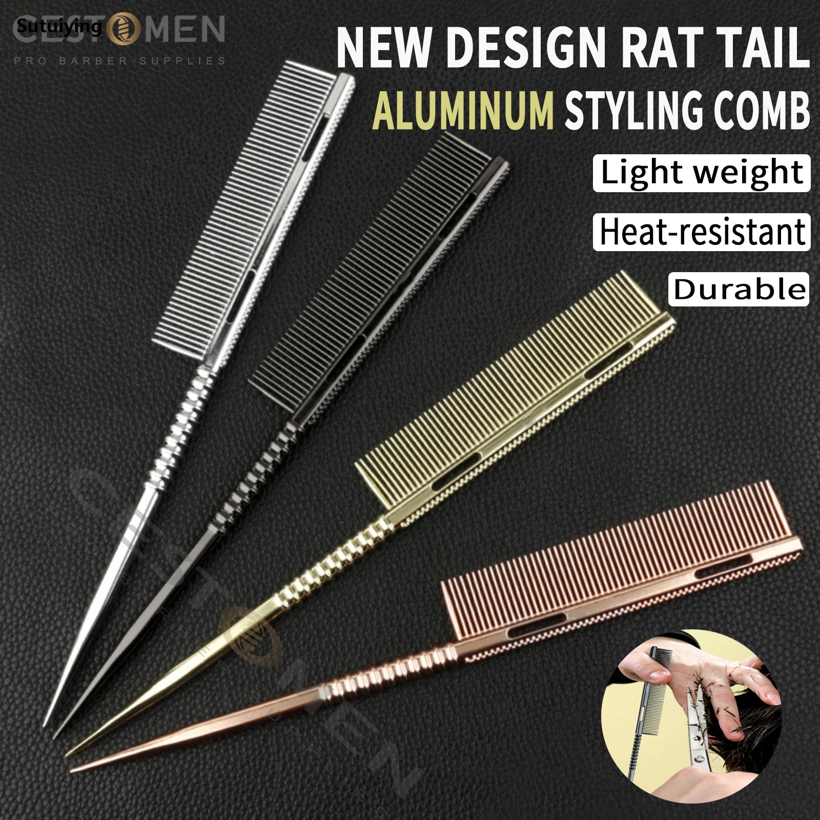 Sutuiying New Aluminium Rat Tail Combs Spirial Handle Heat Resistant Women Luxury Smooth Hair Comb Multi Functonal Barber Styling Tools For Men