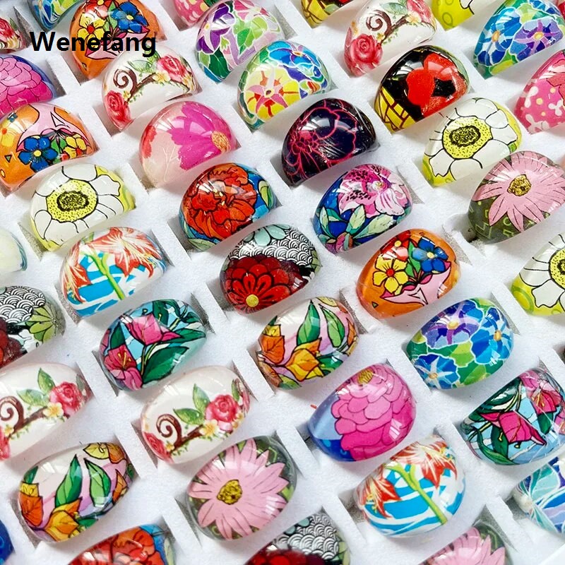 Wenefang 20/50 Pcs Reshin Flower Children Rings For Girl Boy Acrylic Lucite Party Rings Beach Hawaiian Style Mix Bulk Kids Jewelry Lots