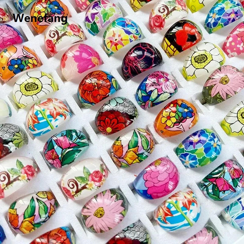 Wenefang 20/50 Pcs Reshin Flower Children Rings For Girl Boy Acrylic Lucite Party Rings Beach Hawaiian Style Mix Bulk Kids Jewelry Lots
