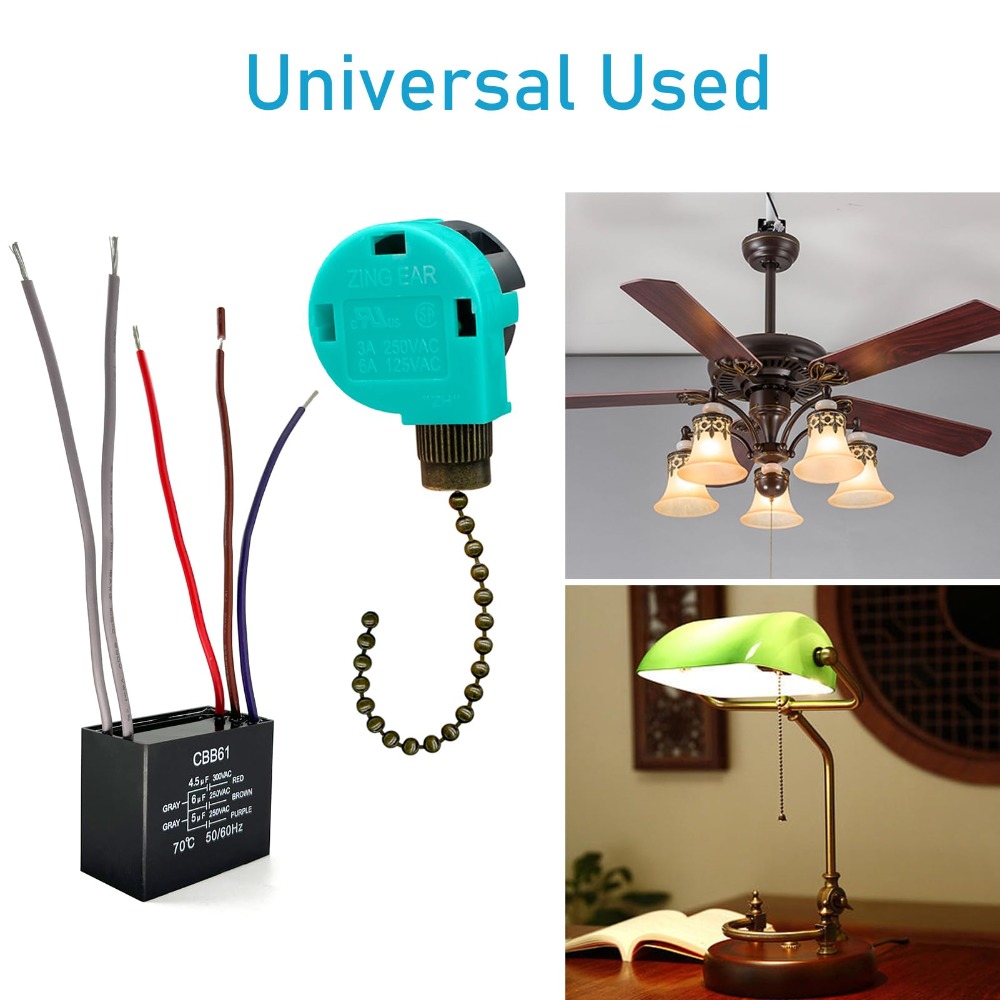 2pcs Durable Plastic Ceiling Fan Pull Chain Switch Black Copper 3 Speed Fan Switch Green 5 WIRE 250V Ceiling Fan Capacitor Worker
