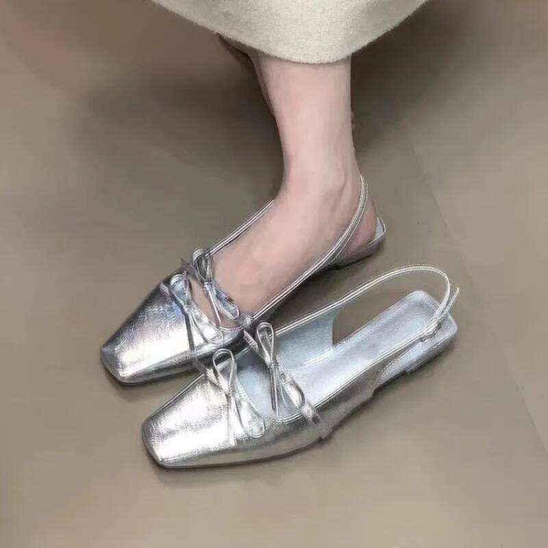 Bow Women Flats Square Toe Sandals New Summer Shoes 2025 Designer Party Slingback Slippers Dress Sandalias Mujer