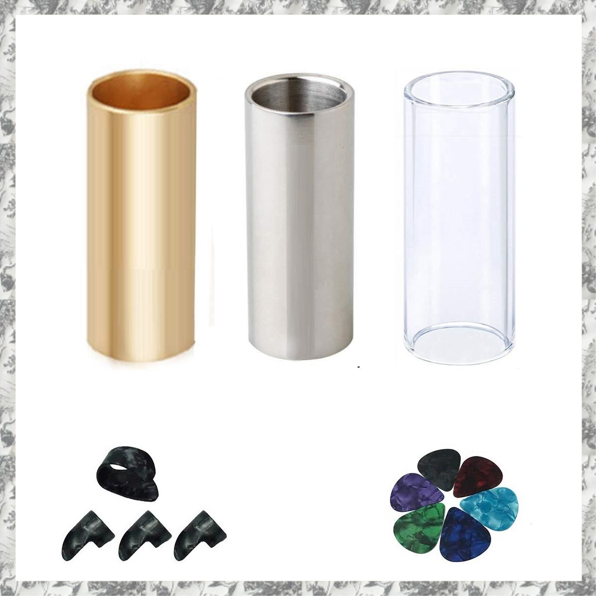 SptrryGuitar Slide Set Of 1 Glass Slide, 1 Steel Slide and 1 Brass Guitar Slide, 6 Pcs Guitar Picks and 4 Finger Picks