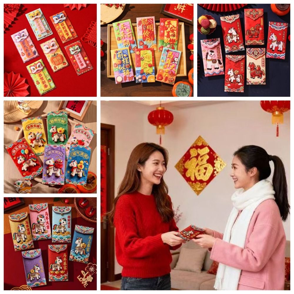 6PCS Storage Bag Traditional Spring Festival Red Envelope Flat Design Year of The Horse Children's Money Bag Paper Hongbao Bonus Red Wallet Lunar New Year Gifts