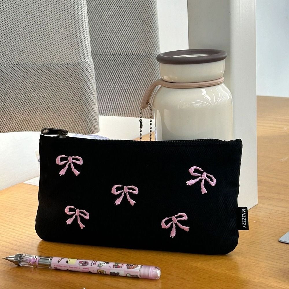 New Canvas Cute Embroidered Bag Bowknot Square Shape Stationery Bag Lovely Print Cosmetics Bag
