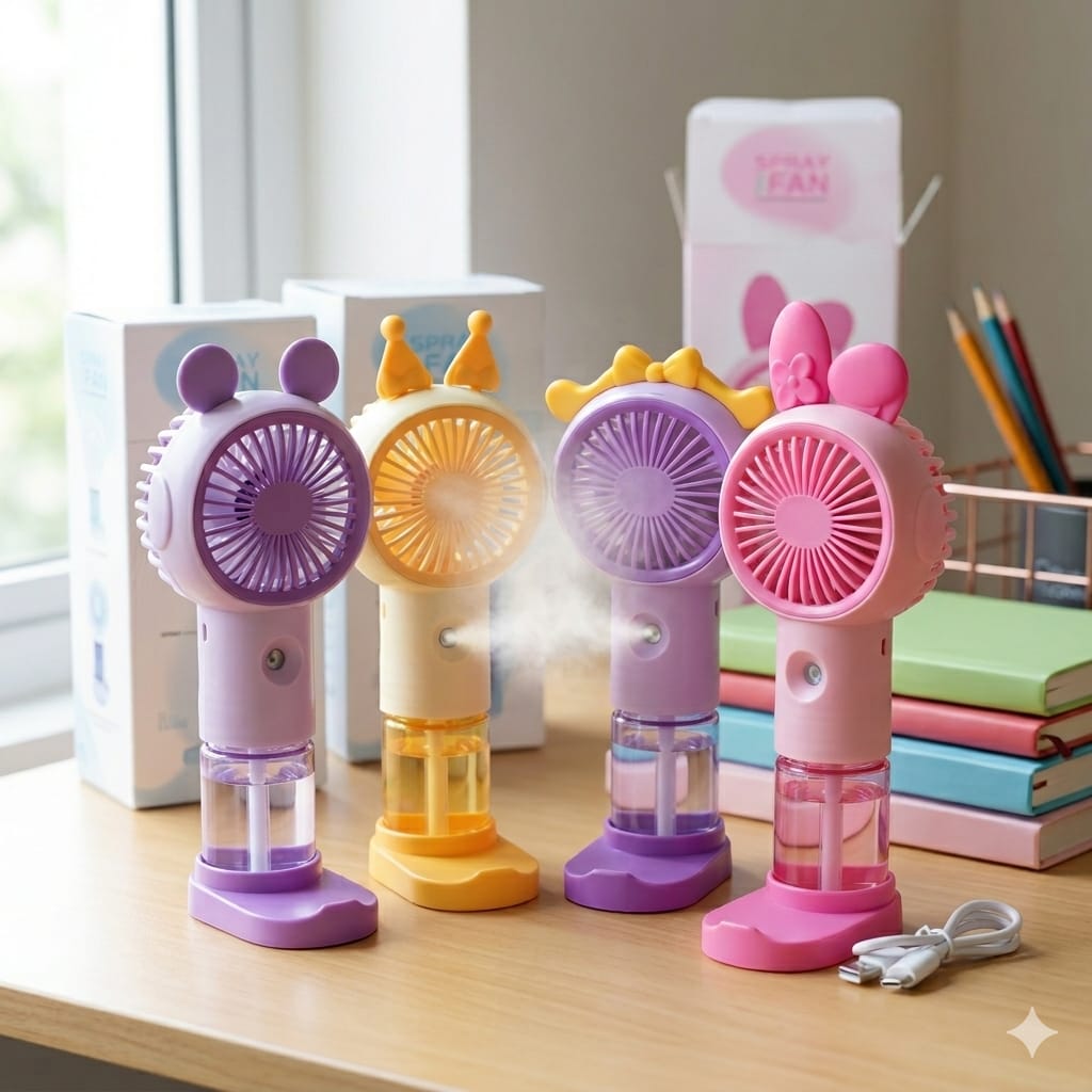 Portable Mini Mist Spray Fan - USB Rechargeable Handheld Water Misting Fan with Cartoon Design, 3-Speed Cooling for Kids & Adults, Desk & Travel Fan (Purple / Pink / Yellow)