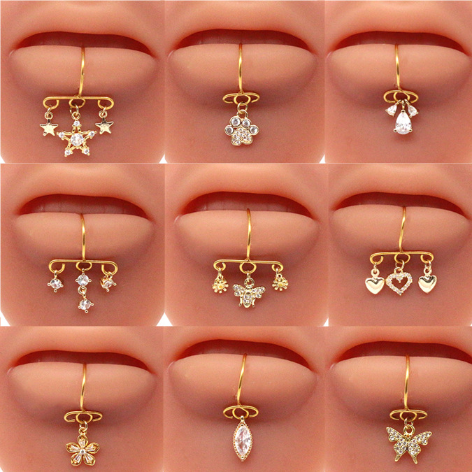 【Special offer】Gaby Stainless Steel Fake Lip Nail Zircon Lip Ring Hole-free Bee Butterfly Heart-shaped Lip Nail Gold