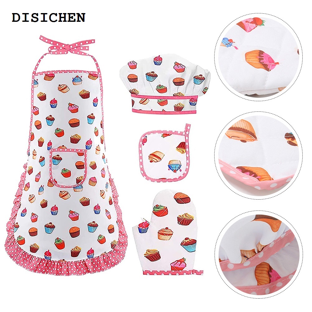 DISICHEN Luxury 1 Set Kids Cooking Costume Kitchen Apron Glove Hat Role Playing Cooking Apron