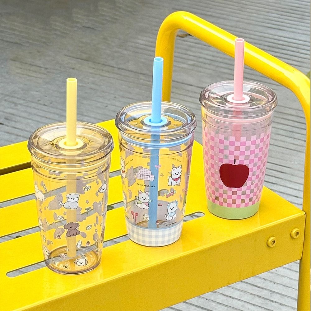 Cute 450ML Straw Cup Transparent Tritan Water Bottle Cartoon Printed Coffee Cup Sports Fitness