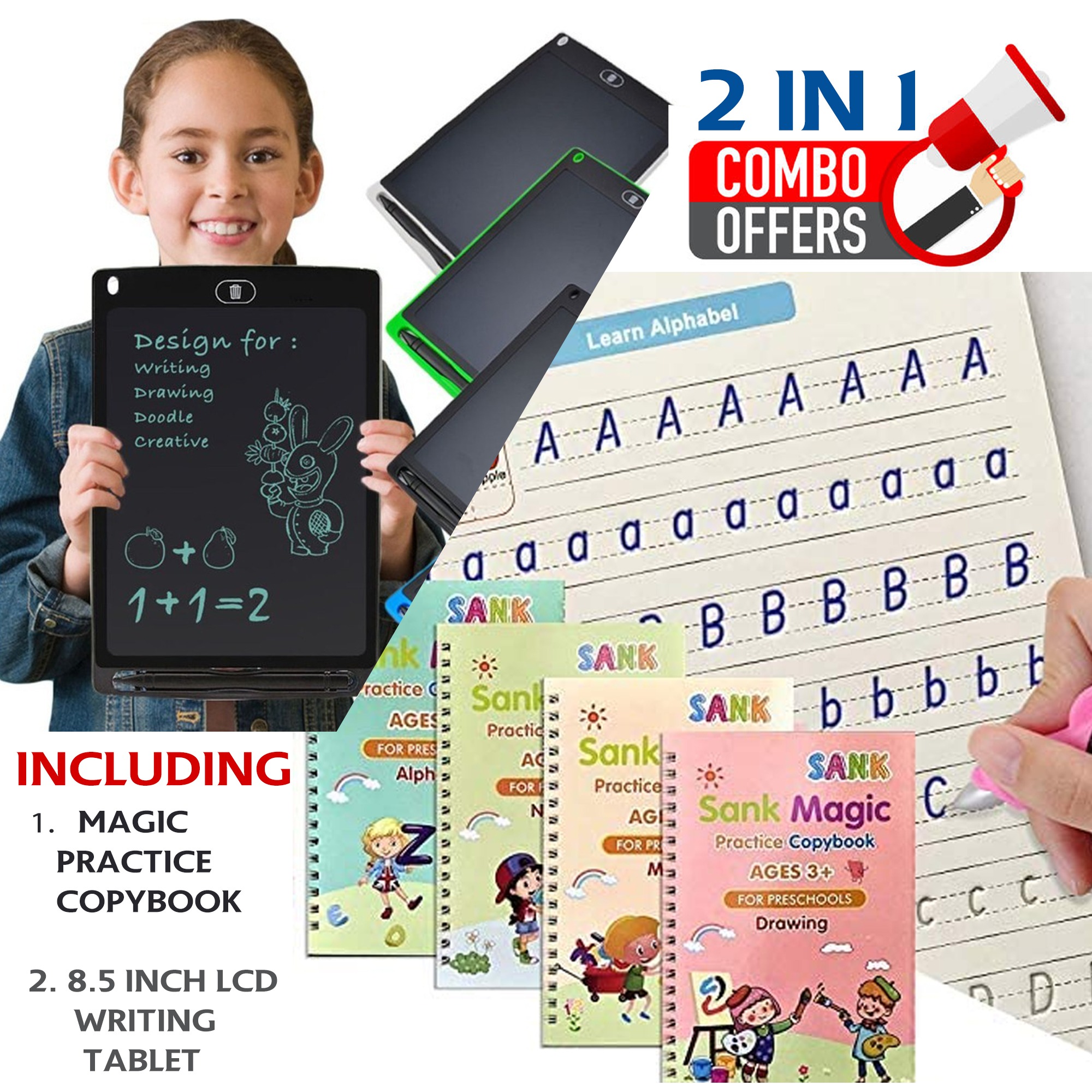 2 In 1 Combo Offer Of Magic Practice Copybook And 8.5 Inch LCD Writing Tablet