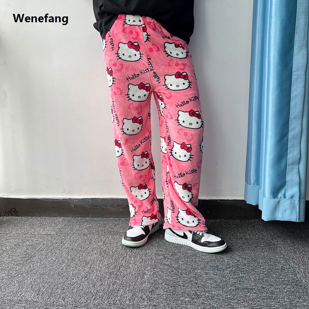 Wenefang Sanrio Hello Kitty Flannel Pajamas Black Women'S Warm Woolen Profesional Cartoon Casual Home Pants In Autumn Winter Fashion Trousers