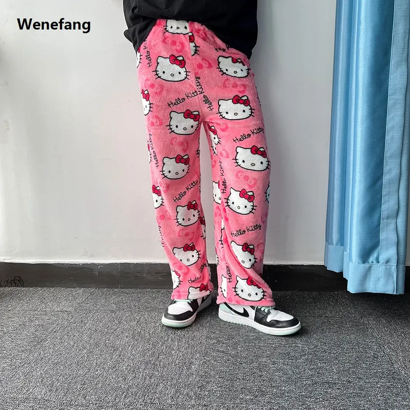 Wenefang Sanrio Hello Kitty Flannel Pajamas Black Women'S Warm Woolen Profesional Cartoon Casual Home Pants In Autumn Winter Fashion Trousers