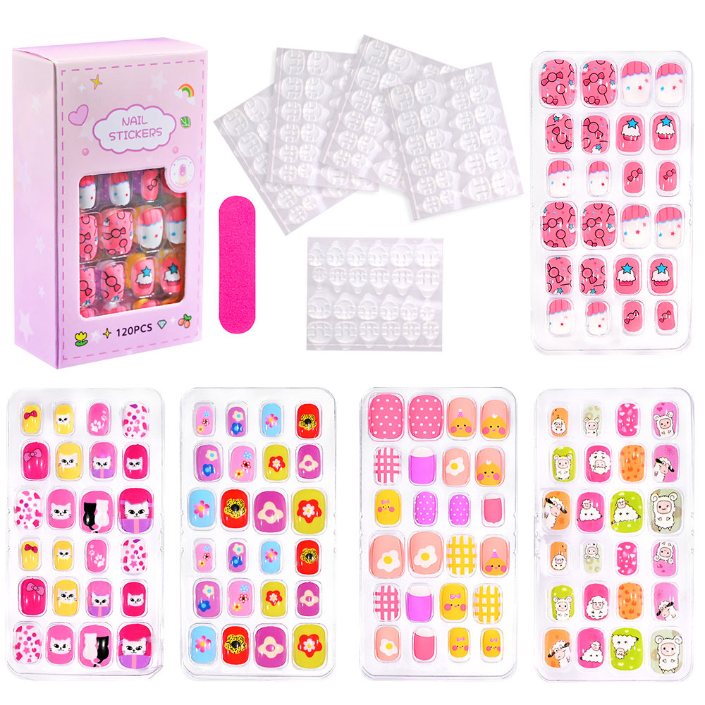 Aweisuan Hot Sale 120 Pcs 5 Pack Children Acrylic Nail Press on Gradient Rainbow Short Kids Stick On False Nail Art Kits for Kids Little Girl
