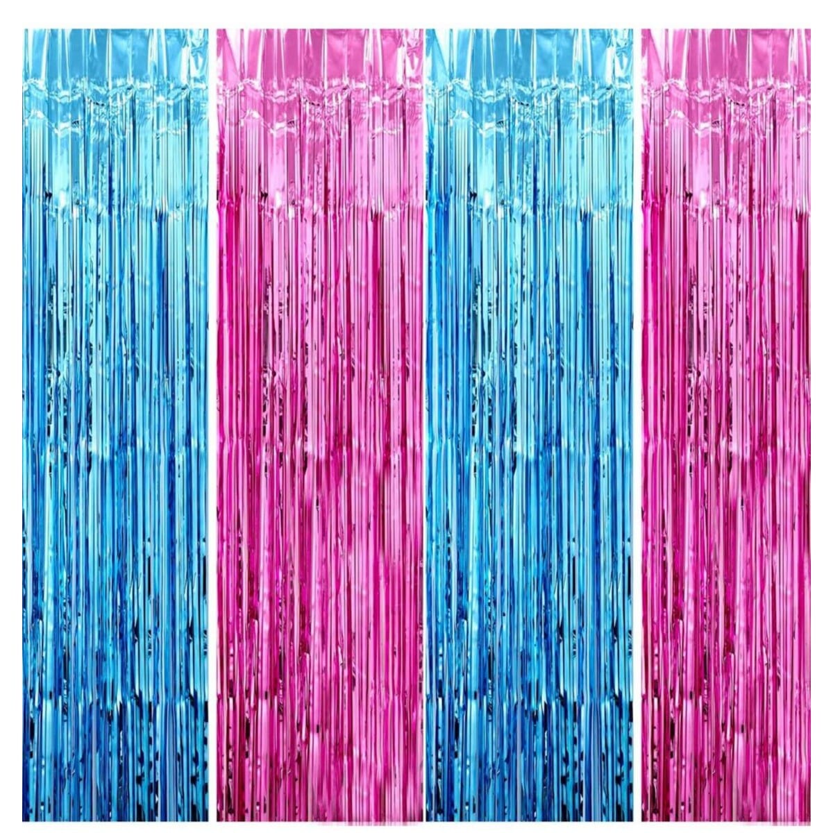 4 pcs Pink & Blue Foil Fringe Curtains Happy Birthday Party, Anniversary, Bachelorette, Baby Shower, Bridal Shower Decoration Item