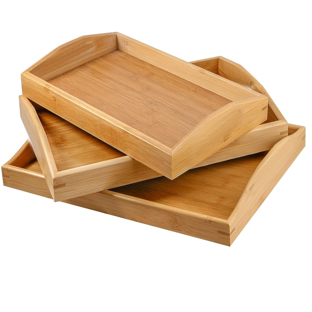 3 Pack Bamboo Wooden Serving Platter Tray Set, 3 Sizes Rectangular Wood Butler Trays with Handles for Breakfast, Tea, Coffee, Eating