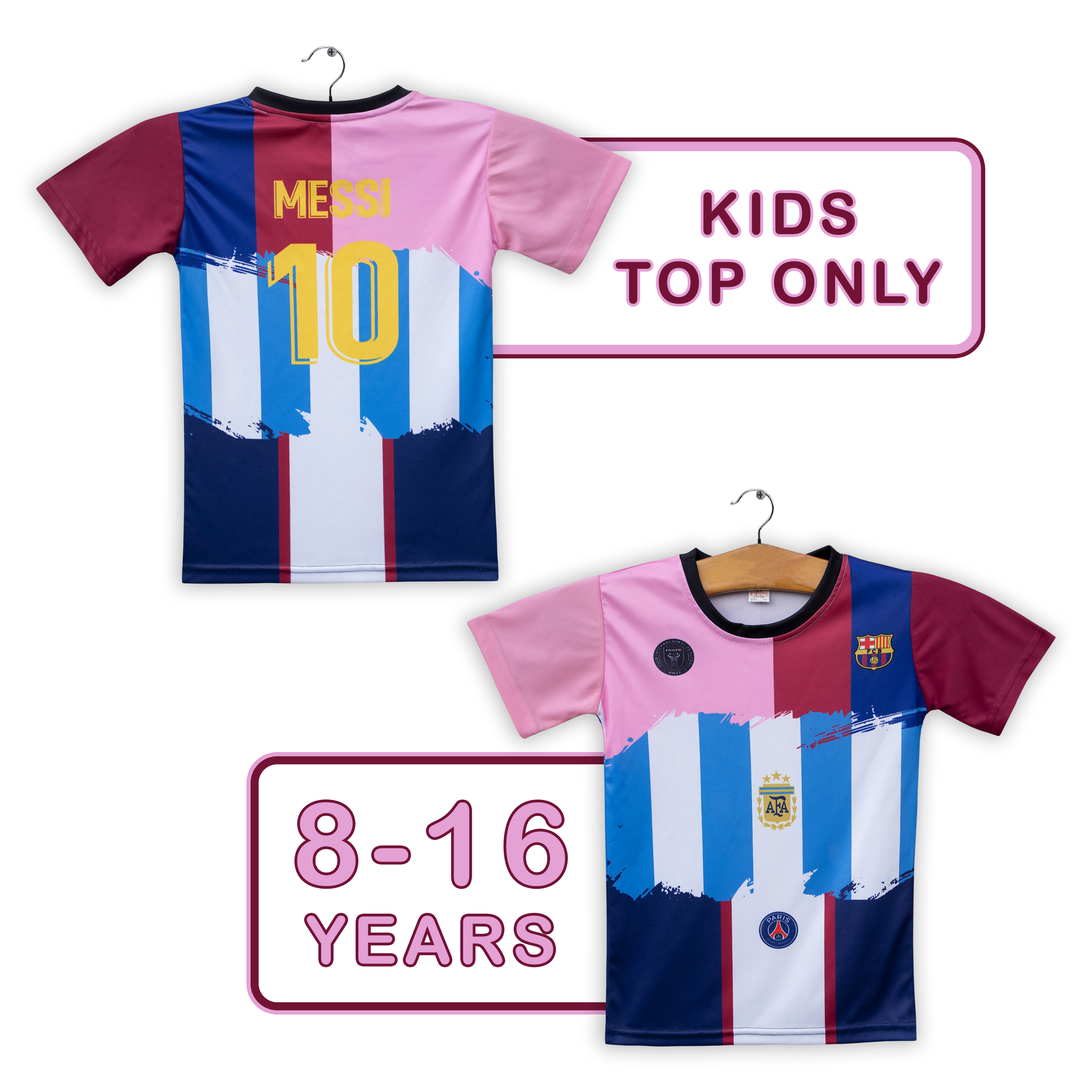 Messi 10 Printed All Home Clubs And Country Printed Football Jersey T-Shirt For Kids | Argentina | Barcelona | PSG | Inter Miami | Messi 10 Printed | Top Only
