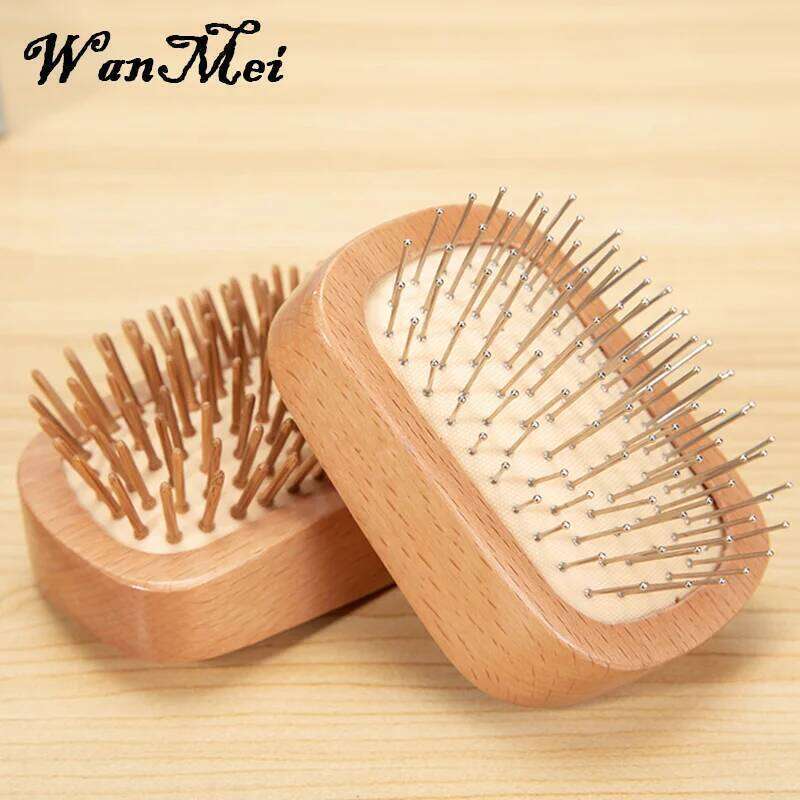 1pcs Small Beech Airbag Head Detangled Massage Wood Steel Needle for Scalp Portable Hair Care Anti Static Comb