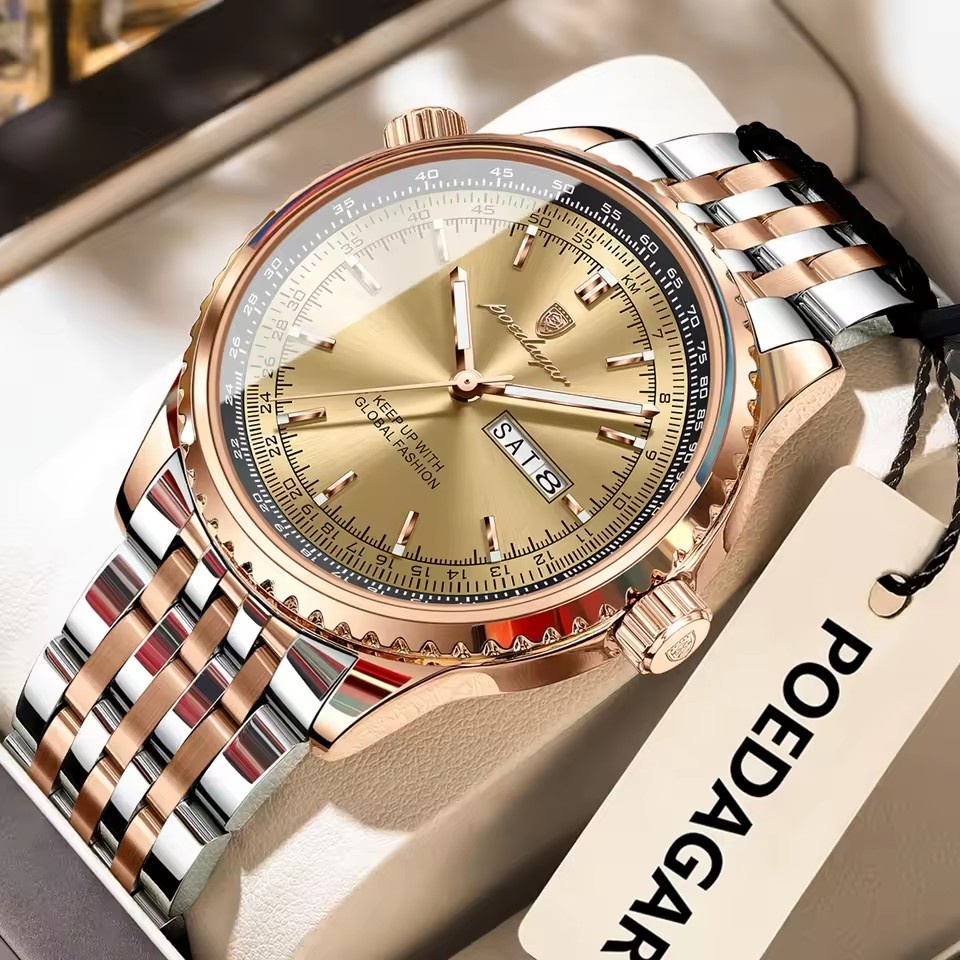 POEDAGAR brand new fashionable business date week waterproof luminous quartz men's clock watch
