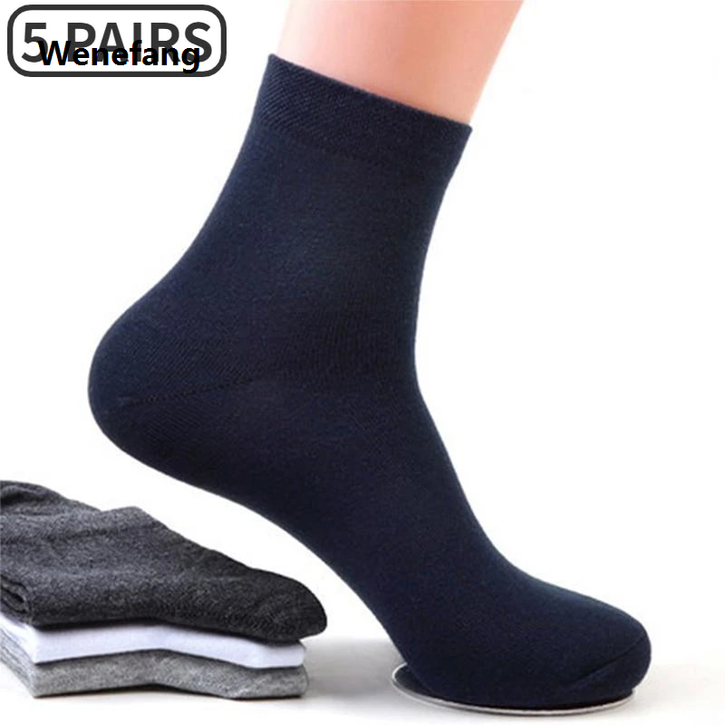 Wenefang 5 Pairs/Lot Men Business Socks Middle Tube Solid Color Black White Gray Breathable Casual Cotton Male Crew Socks Soft Calcetines