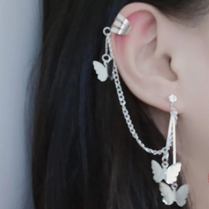 Korean Handmade Butterfly Tassel Crystal Ear Pin & Chain Earrings - Elegant Double Layer Ear Clip for Women