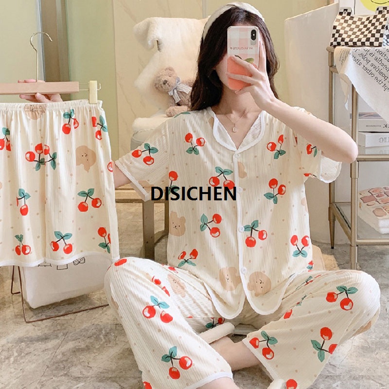 DISICHEN Three-Piece Set Women Sleepwear Silk Short-Sleeved Trousers Pajamas Ladies Cartoon Bear Cherry Lapel Cardigan Nightwear 2025 New