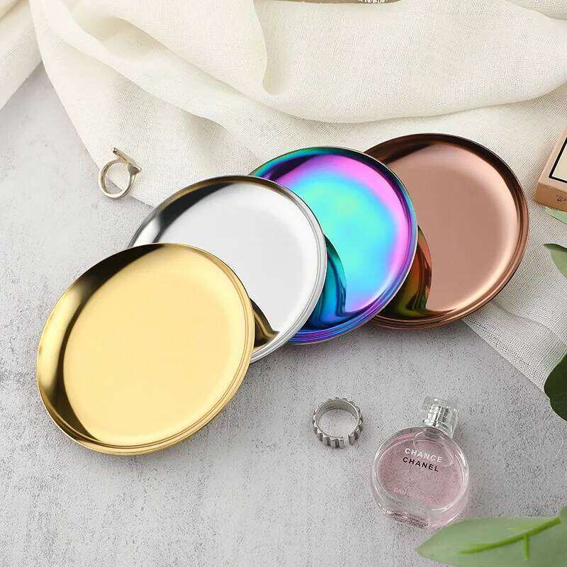 Modern Simple Stainless Steel Round Metal Tray Girls Cosmetics Jewelry Porch Photo Display Plate Make Up Organizer