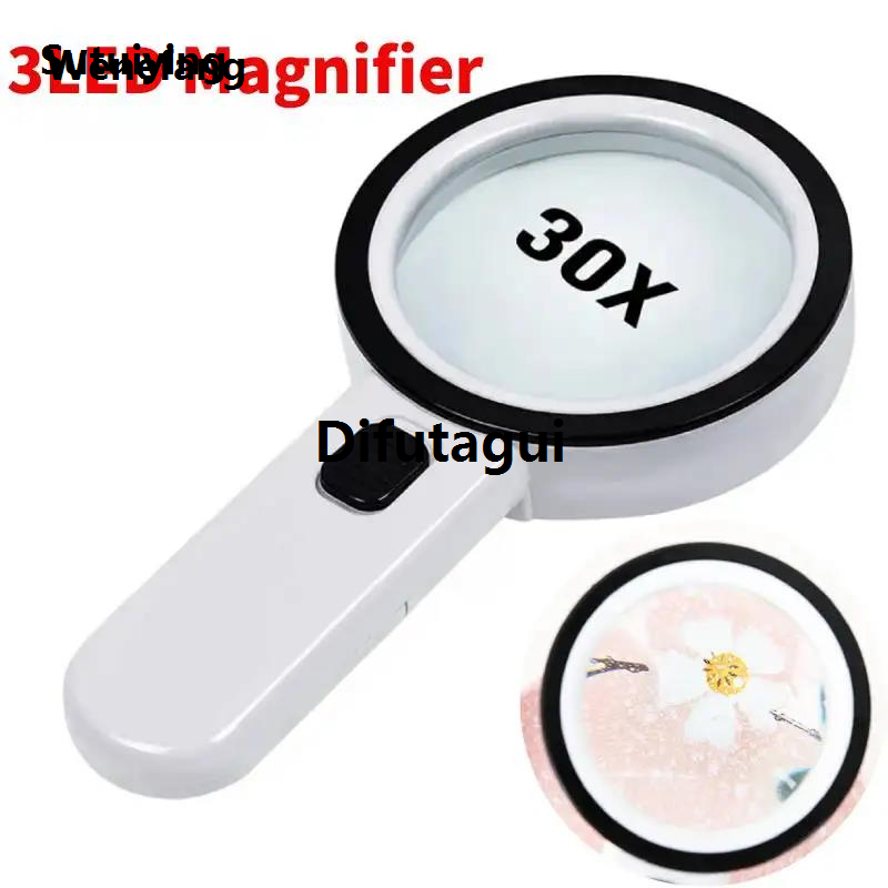 Wenefang Sutuiying 30X Handheld Magnifier Independent Lighting Design 3LED Double Luxury Luxury Glass Lens Appreciation Reading Magnifiers Jewelry Repair Tool