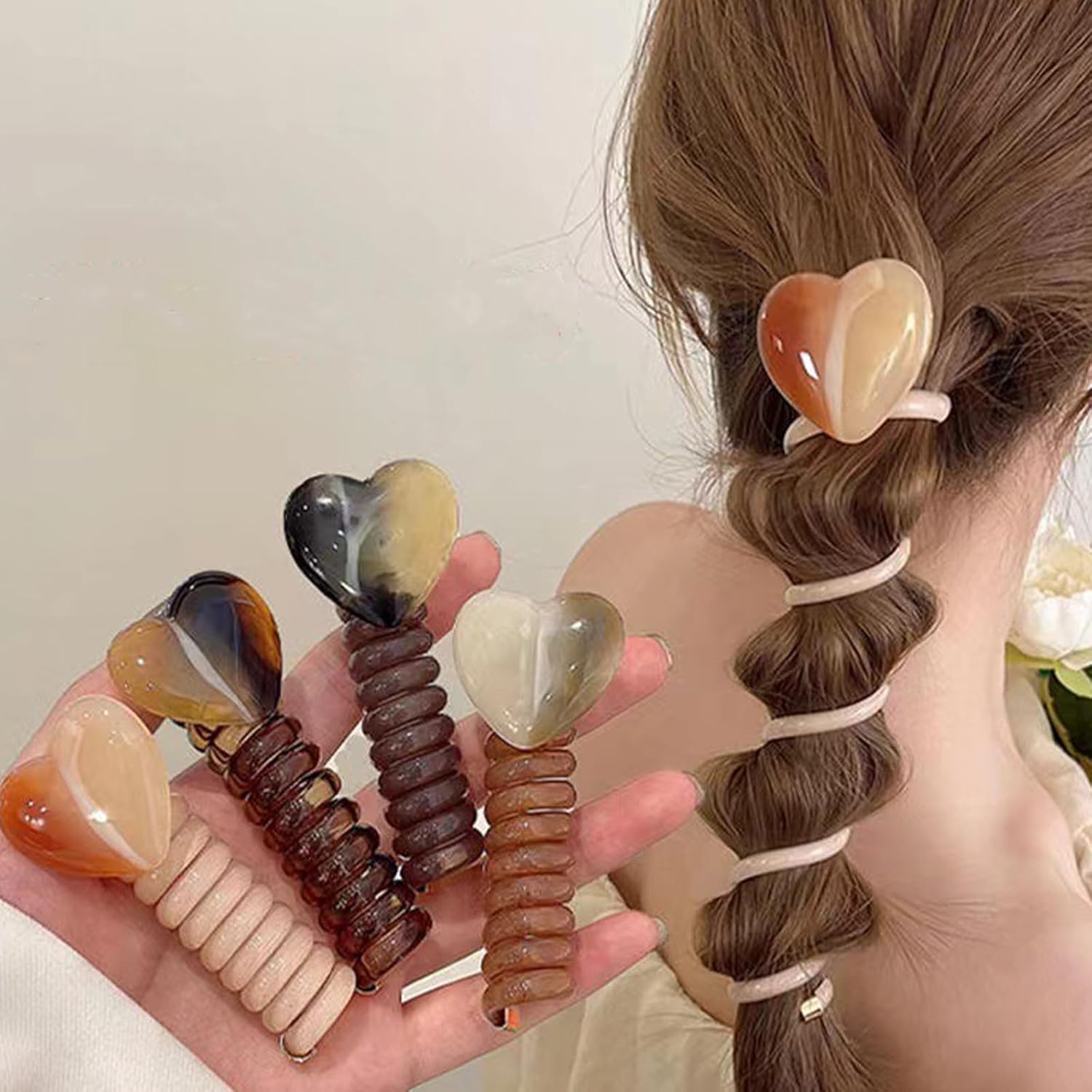 1 Pcs Telephone Wire Hair Bands, Spiral Hair Ties, Heart-Shaped Phone Cord Hair Scrunchies For Easily Braided Hair (Best Gift For Women, Teens & Girls) - Multicolor