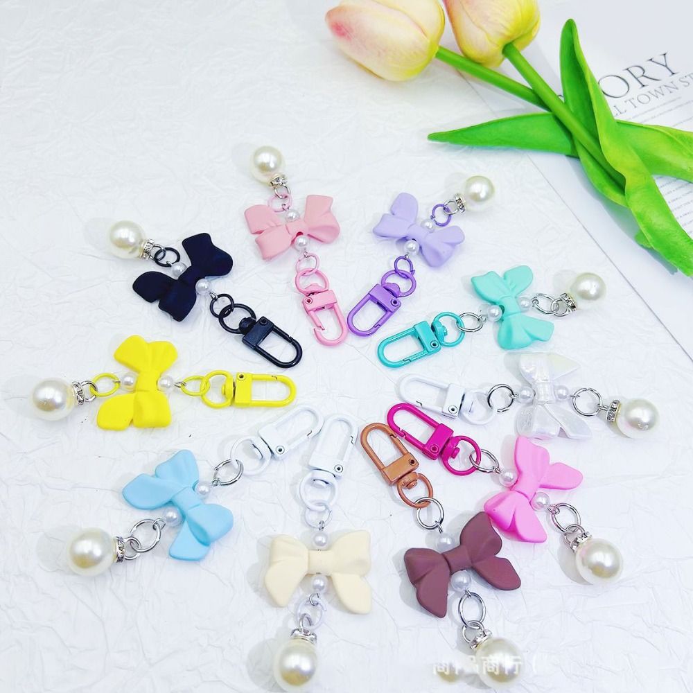 Cute Bow Knot Key Ring Pearl Plastic/Resin Key Chain Bow Shaped Mobile Phone Chain Phone