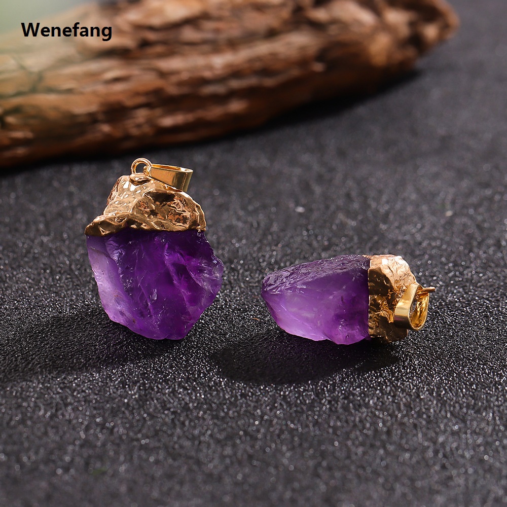 Wenefang 1Pc Natural Amethyst Pendant Necklace Raw Stone Gemstone Golden Plated Cap Healing Crystal Irregular Handmade Jewelry for Women