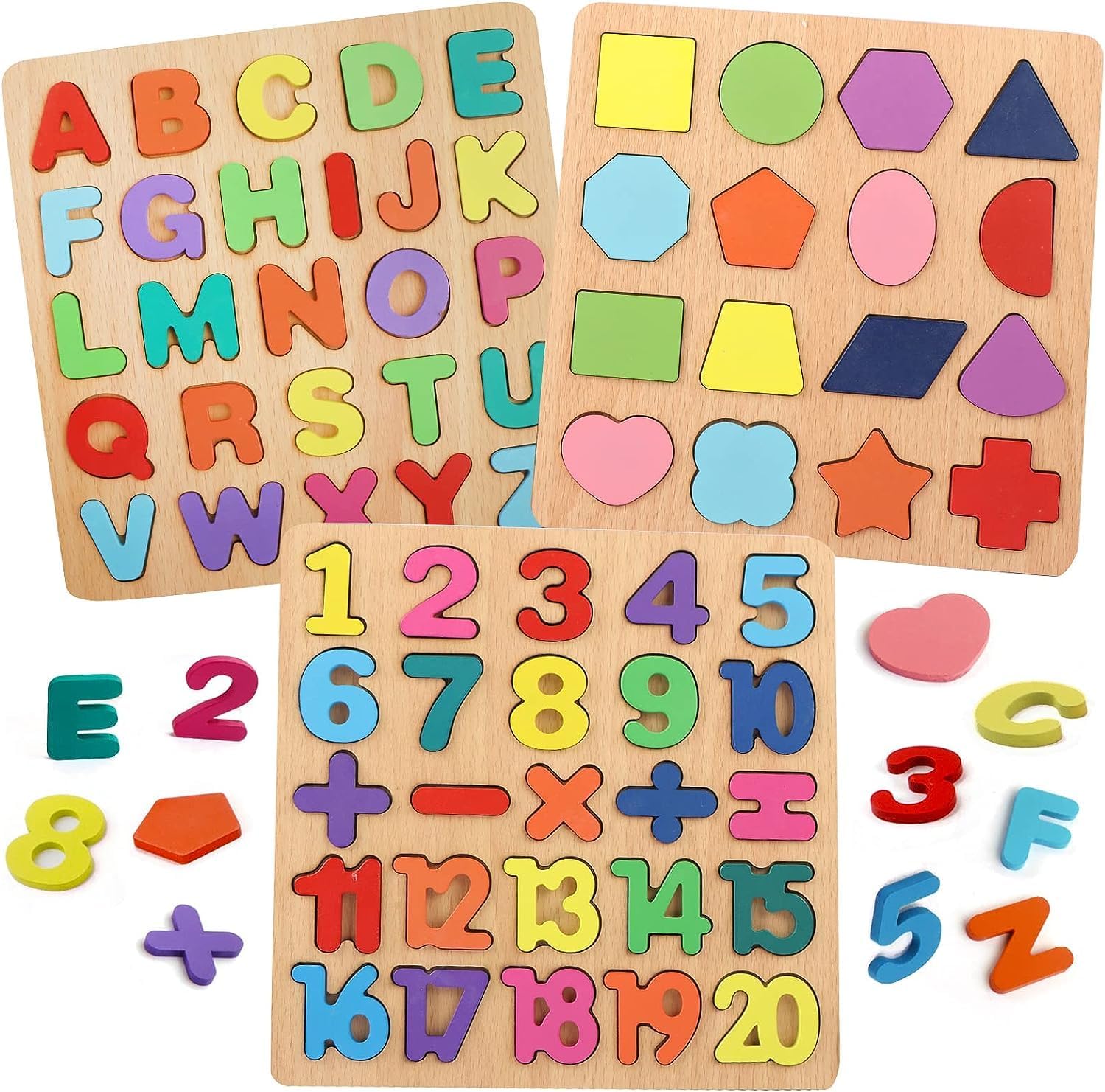 Wooden 3D Alphabets, Numbers & Shapes Puzzle Board (Pack of 3) - Colorful Montessori Educational Toy for Preschool Kids & Early Learning