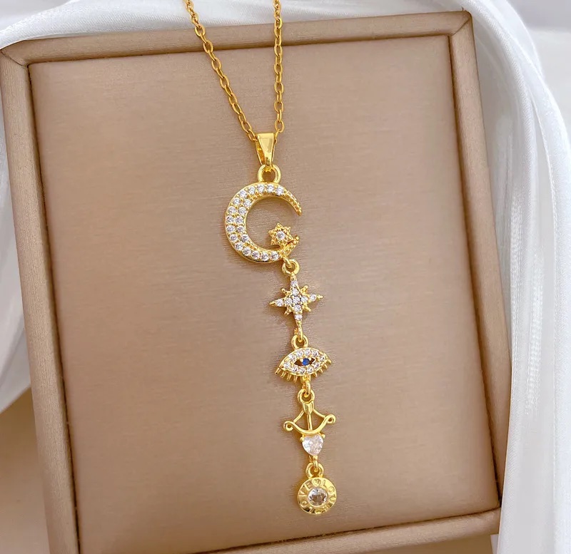 Masala Beads Fashionable Stainless Steel Necklace With A Tassel Stars Evil Eye And Moon Charms Vintage Women's Pendant Jewelry Necklaces Accessories Gifts