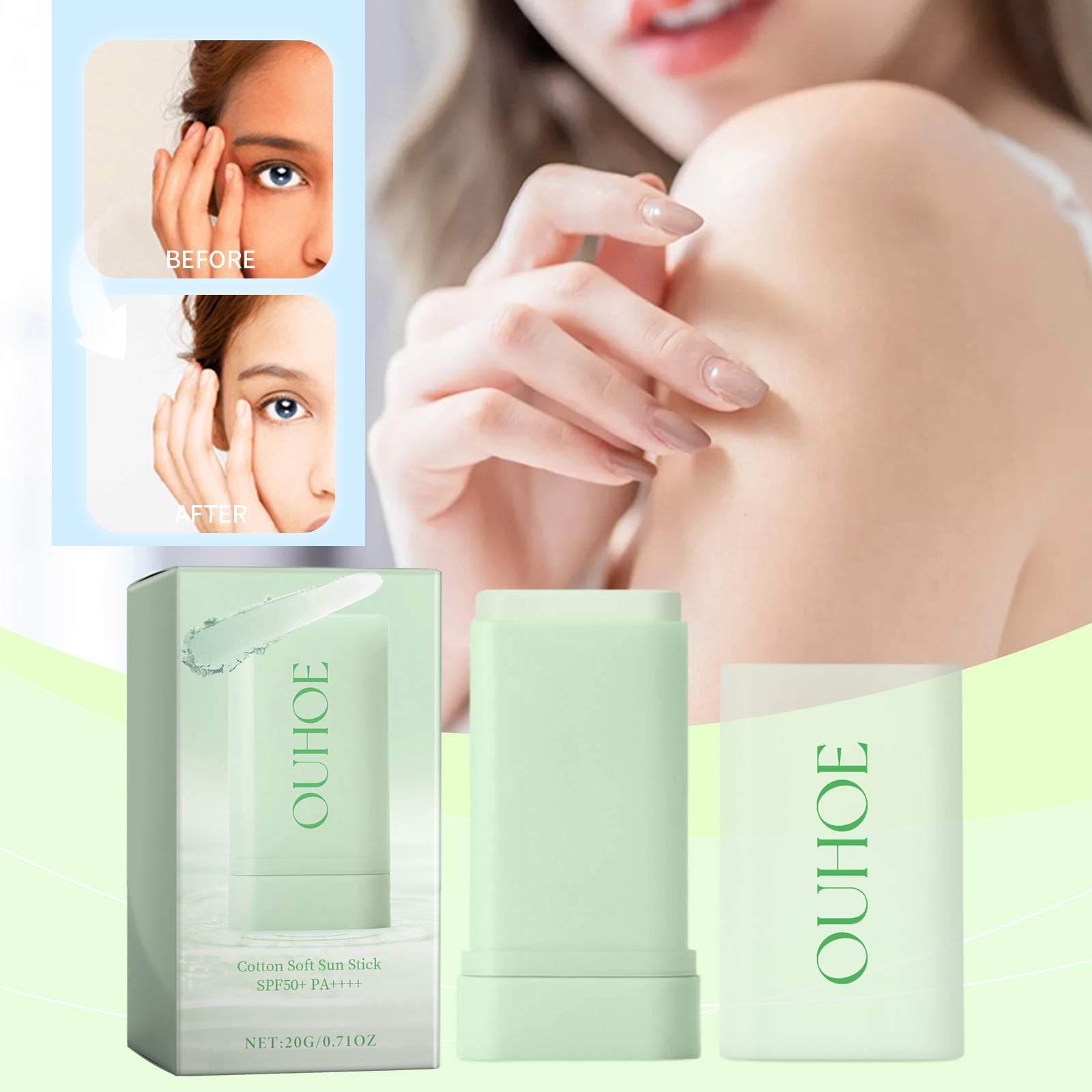 OUHOE Cotton Soft Sun Stick SPF50+ PA++++ - Lightweight Moisturizing Sunscreen Stick for Face & Body, 20g