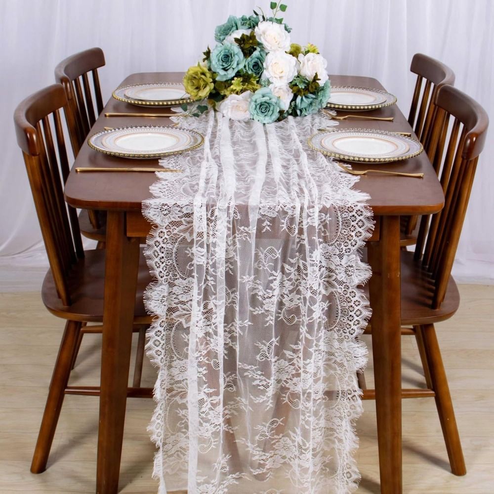 Elegant White Color Lace Table Runner Floral Embroidery Rectangular Shape Vintage Table Runners Comfortable European Style Lace Floral Table Runners Bridal Shower