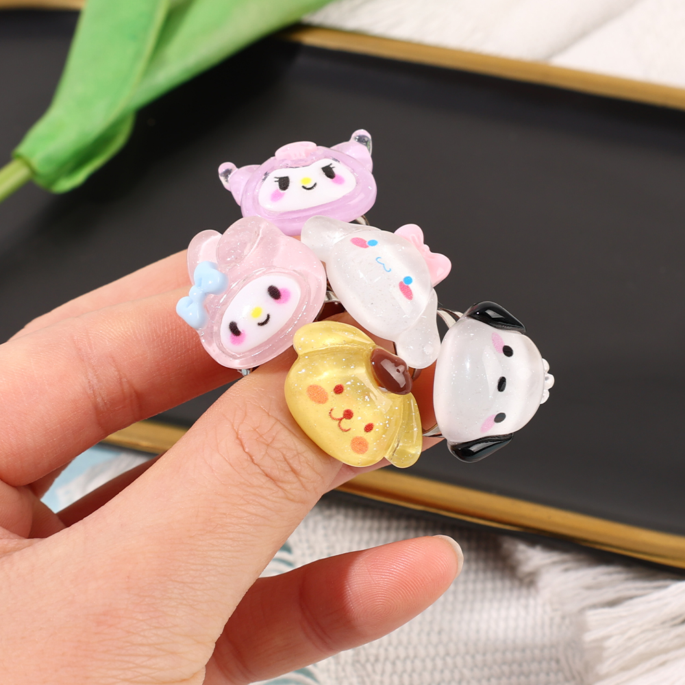 1/5Pcs Sanrio Kuromi Hello Kitty Pochacco Acrylic Ring Kawaii Shiny Adjustable Cartoon Ring Sweetheart Chic Gift For Girls