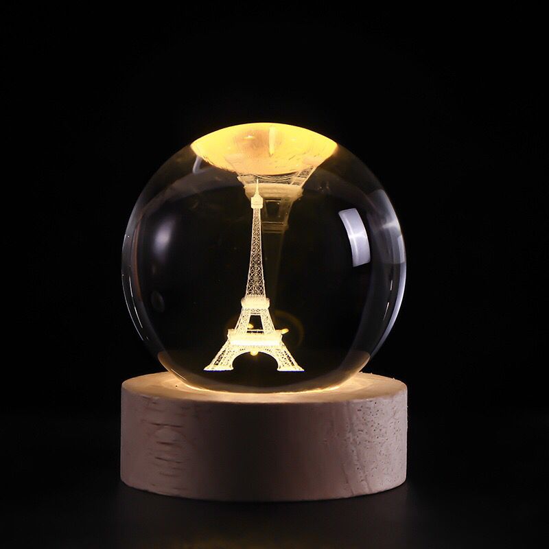 3D Crystal Ball LED Table Lamp with Wooden Base - 6cm | Home Decoration Items For Bedroom