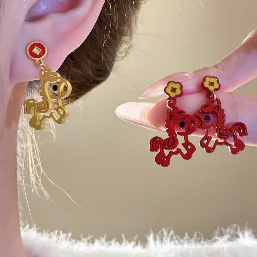 Personality Cartoon Horse New Year Horse Earrings Fashion Jewelry Drip Oil Hollow Out Red Pony Earrings Coin Flower Shape Chinese Style Horse Mascot Drop Earrings Party