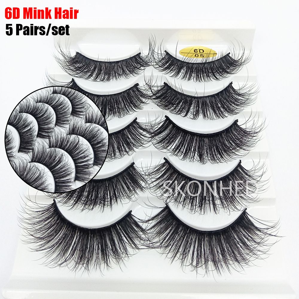 SKONHED 5 Pairs Woman's Fashion Natural Long Fluffy Multilayers 6D Faux Mink Hair False Eyelashes Crisscross Eye Lash Extension