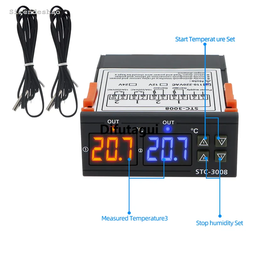 Difutagui STC-3008 Digital Temperature Controller AC 110V 220V DC 12V 24V 2025 Hygrometer Sensor Heating Cooling Dual Relay Output Thermostat