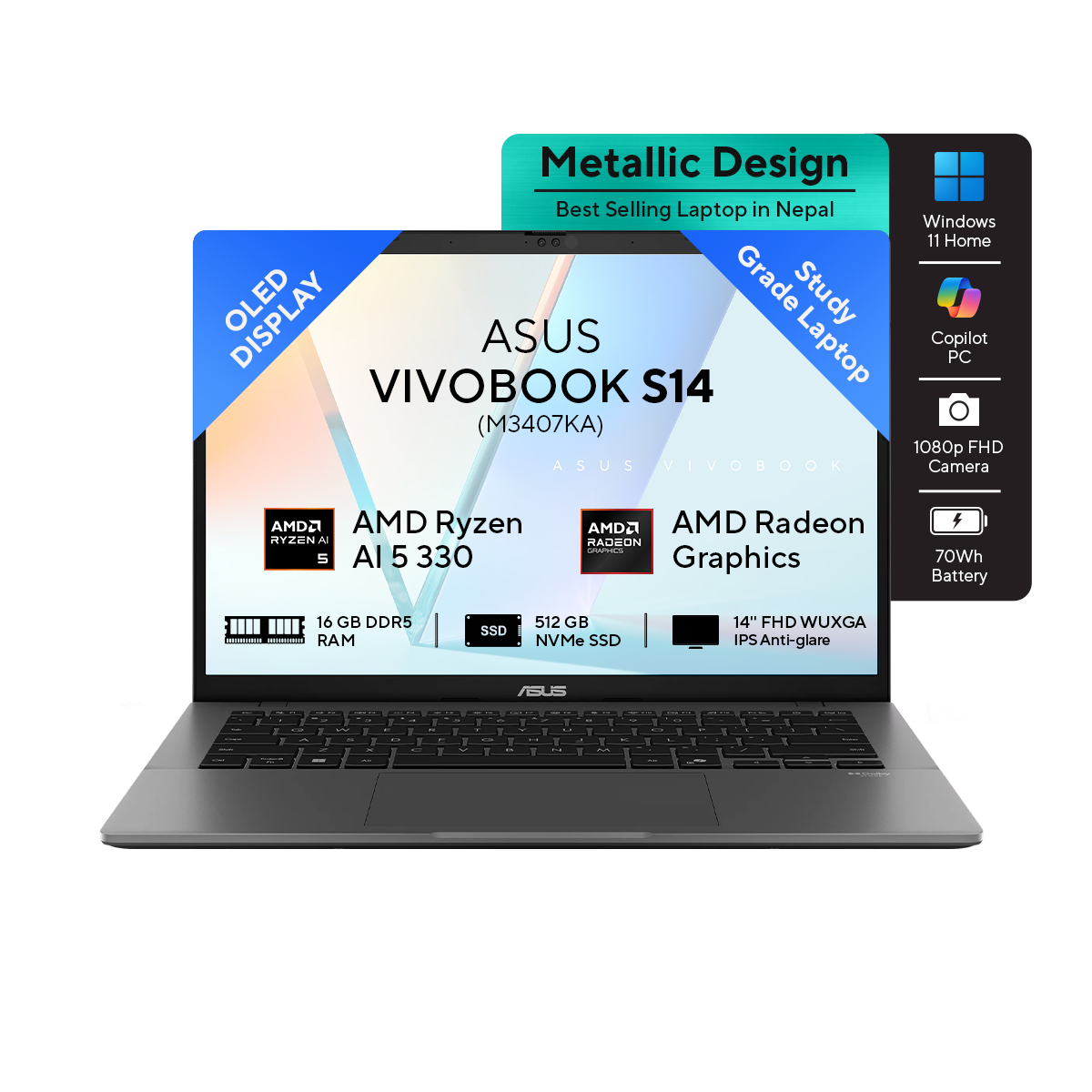 ASUS Vivobook S14 - M3407HA | 14.0-inch, WUXGA | Ryzen 7 260 | 16GB RAM | 1TB Gen 4 SSD | Windows 11 | Matte Gray | Backpack | Mouse | 2 Year Int'l Warranty | 1 Year Perfect Warranty - Nagmani International Pvt. Ltd