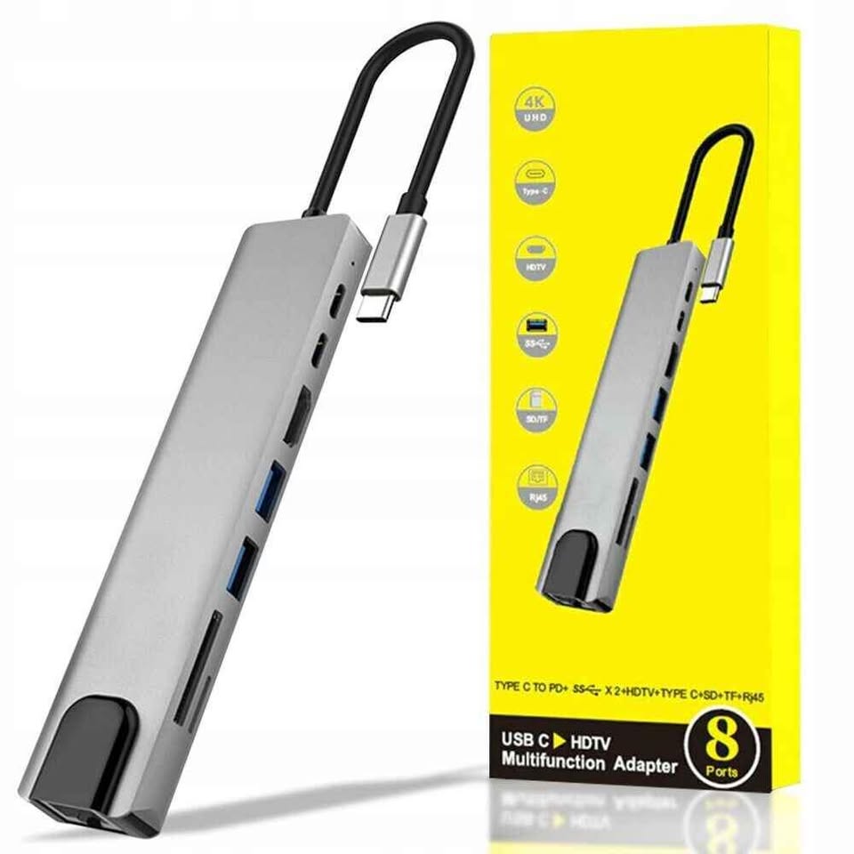 Type-C to 8 In 1 Multifunction Hub | With 4K HDMI , RJ45 , 2 x USB3.0 , SD/TF Card Reader , 87W PD Charging Port , Type-C Port | For MacBook & Laptop | Excellent Quality