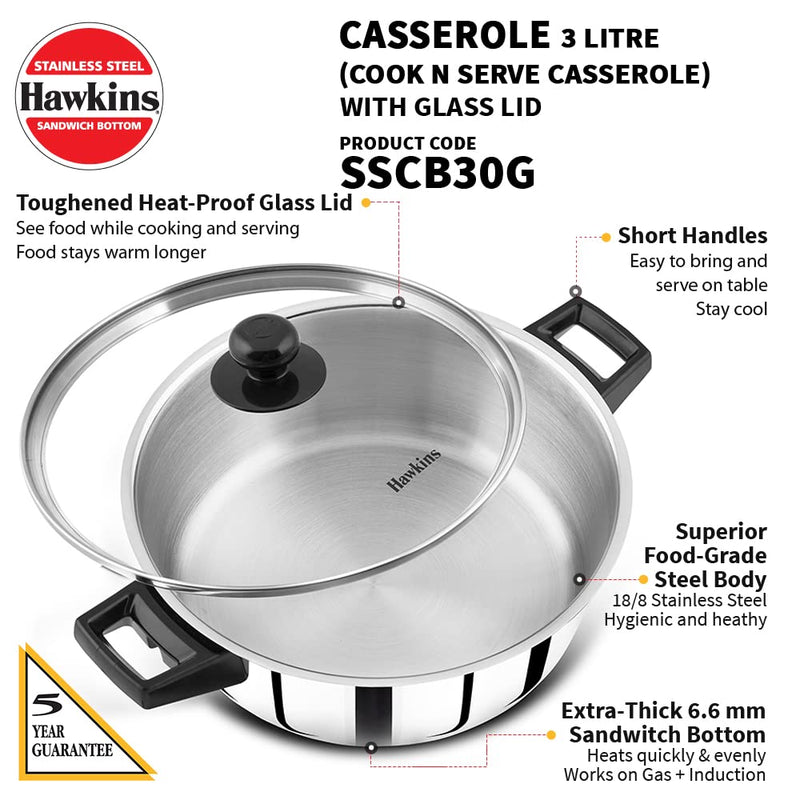 Hawkins Stainless Steel Casserole Cook And Serve With Toughened Glass Lid 3 Litre