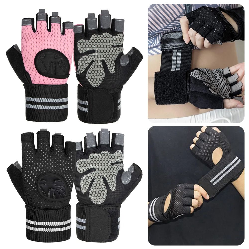1Pair New with Wrist Wrap Support Gym Fitness Gloves Breathable Half Finger Exercise Wristband Gloves Anti-slip Weight Lifting Equipment for Men Women