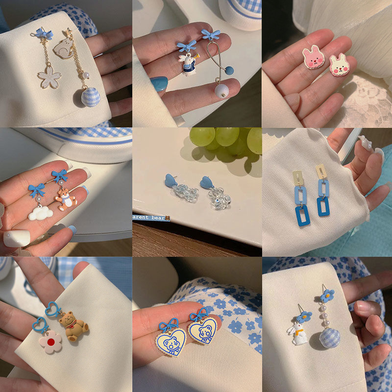 【Prices are low- Now don't New 2025 Blue Stud Earrings Female Students Korean Style Cute 925 All Match Asymmetric Earrings
