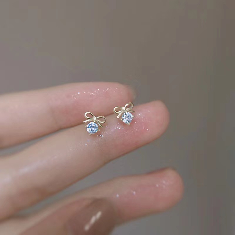 【Hottest Trends】Mini Cute Bow Zircon Earrings Female Student 925 Silver Needle Small Simple All-match Earrings Earrings