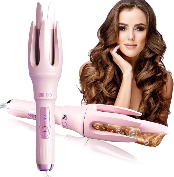 Automatic Rotating Hair Curler | 4-Temp Dual-Voltage Fast-Heat Curling Iron with Auto Shut-Off for Salon & Home Styling + Free Scalp Massager Brush