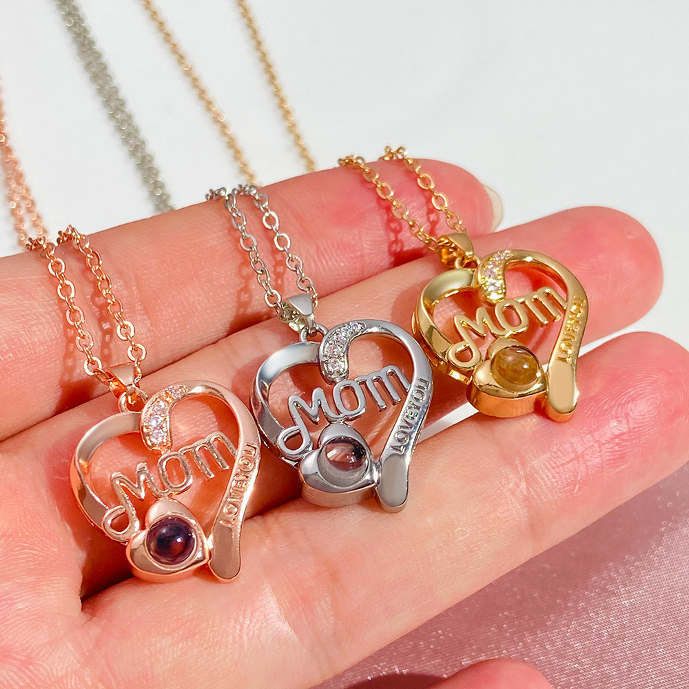 【Best Price Guaranteed】MOM Letter Heart Necklace Female Creative Design 100 Languages I Love You Projection Clavicle Chain Mother's Day Gift